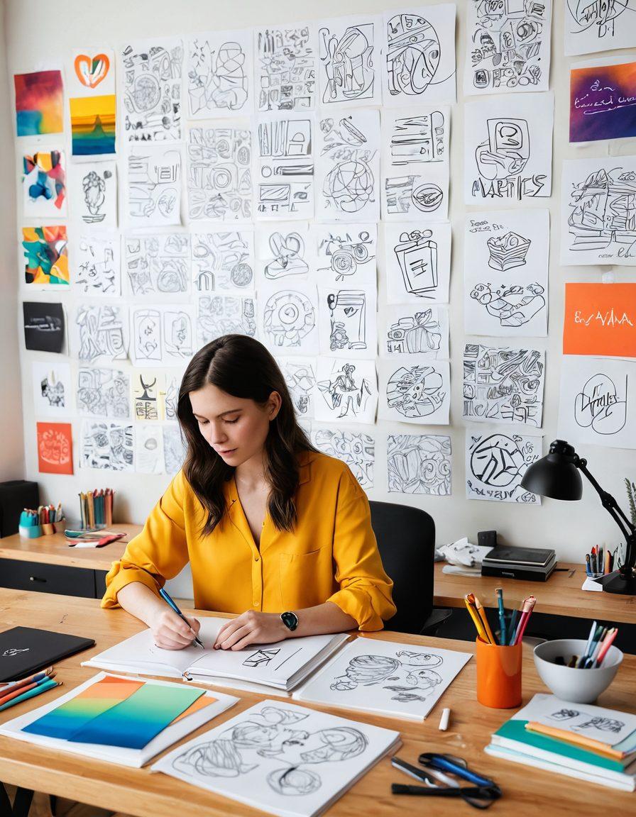 A creative workspace featuring a designer sketching a custom logo concept on paper, surrounded by vibrant color palettes, digital tools, and inspiring design books. In the background, a wall of unique logo designs showcases variety and innovation, symbolizing brand potential. Soft natural light illuminates the scene, boosting creativity and artistic energy. modern and clean. bright colors. diverse design elements.