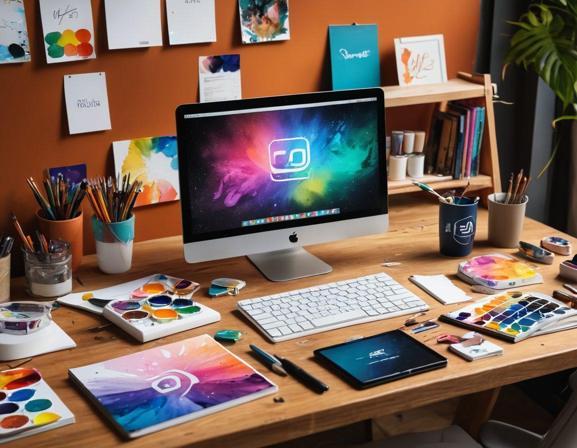 A creative workspace showcasing various logo designs on sketch pads and computer screens, surrounded by colorful paints and branding materials. Include tools like a graphics tablet, logo inspiration boards, and a cup of coffee for a personal touch. The atmosphere is vibrant and dynamic, symbolizing creativity and innovation in branding. super-realistic. vibrant colors. well-lit environment.