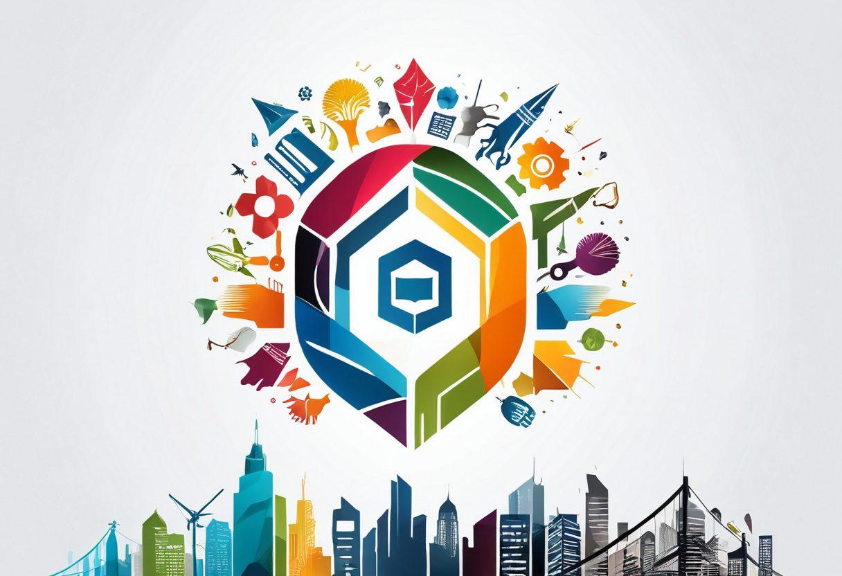 A visually striking logo composition featuring a variety of creative designs that represent transformation and innovation, with vibrant colors and dynamic shapes. The background should subtly incorporate elements of business identity, like graphs and abstract patterns, symbolizing growth and creativity. Include tools like a pencil and digital tablet to emphasize the design process. Super-realistic. Vibrant colors. White background.